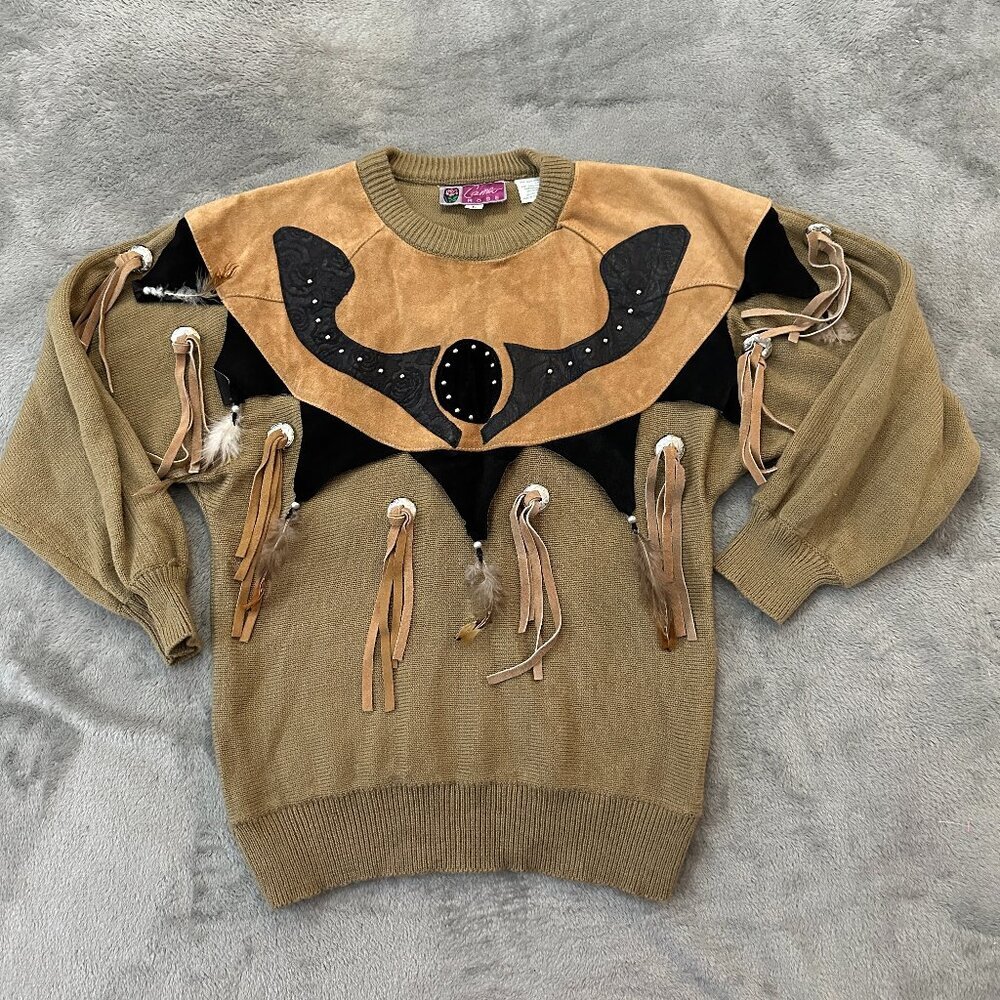 Vintage Cameo Rose Leather Sweater LARGE Western Cowboy Fringe Feathers